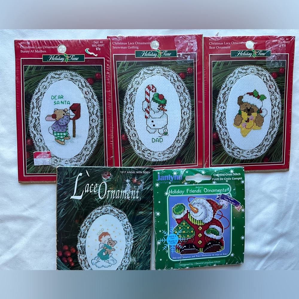 Vintage Lot of 5 Christmas Ornament Cross Stitch Kits Holiday Time Janlynn